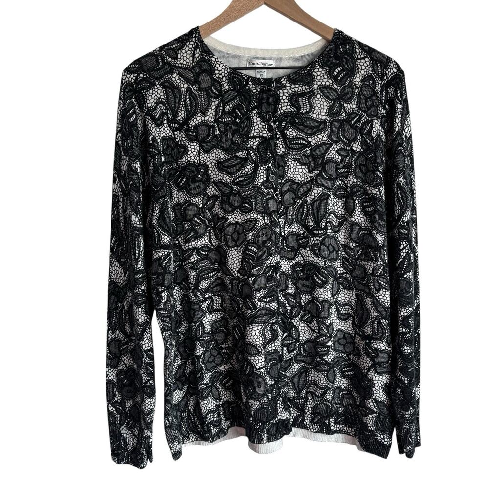Croft And Barrow Womens Sweater 2X Black And White Cardigan Cotton‎ Stretch